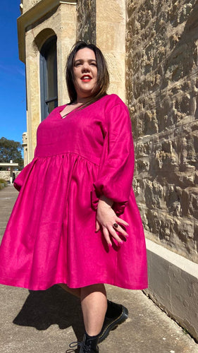 Raspberry Beret, Long Sleeve Linen Frock